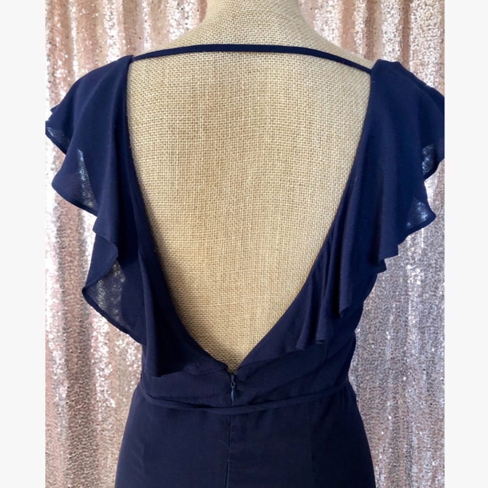 Navy Blue & Black Lace Plunging Double Split Hem Midi Slip Dress - Picture 5 of 10